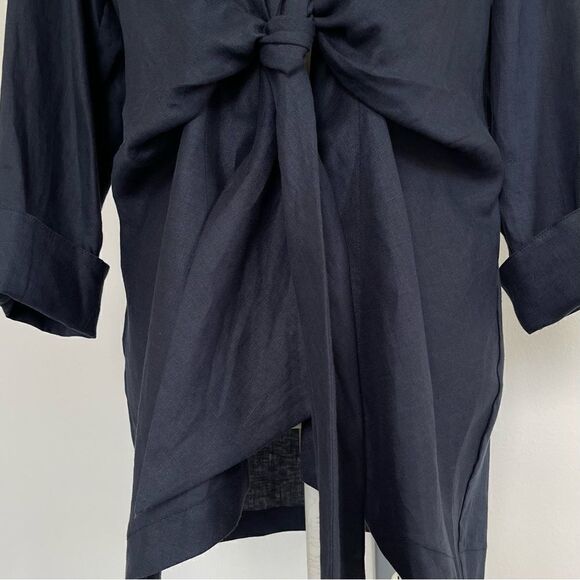 NWT Neiman Marcus Tie Front Collared Linen Jacket Blouse (Navy) - Small - Picture 5 of 11